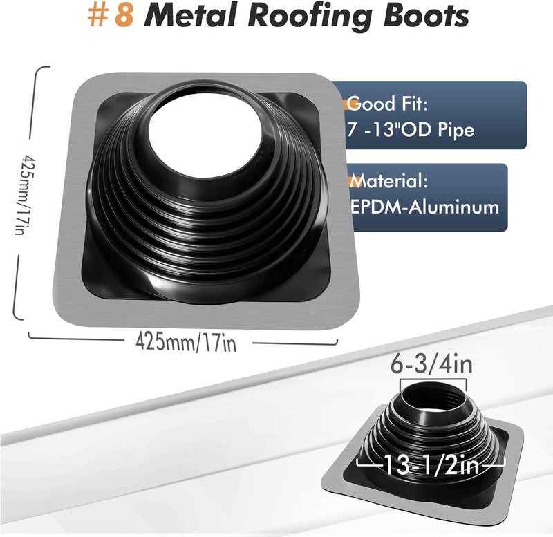 ACNOYEL #8 غطاء تهوية سقف معدني EPDM، أحذية سقف مرنة تناسب أنبوب بقطر خارجي من 7'' إلى 13''، فلاشينغ سقف معدني للمنازل تشمل براغي السقف وسداسي، أسود/ 1 قطعة - Image 2
